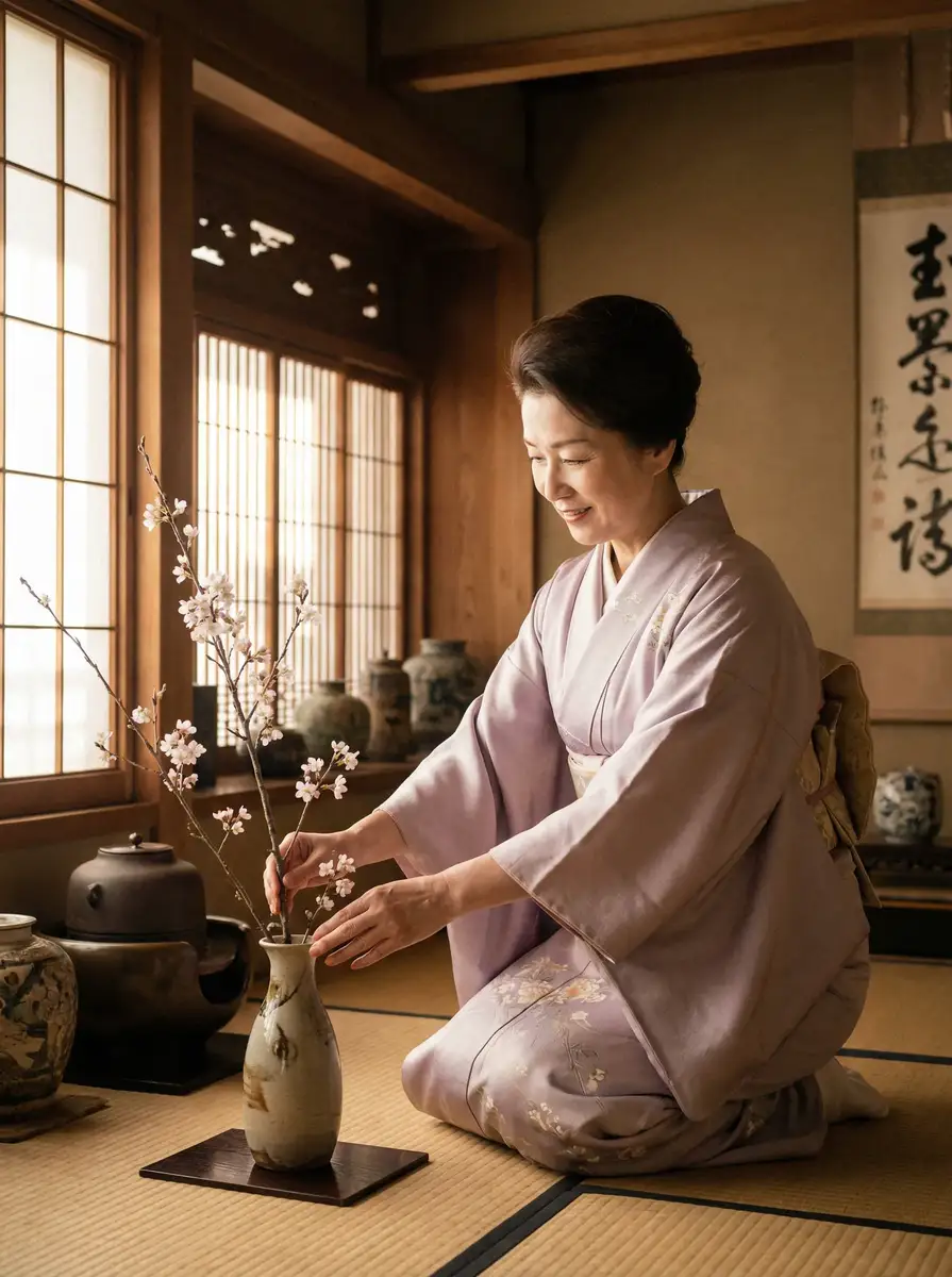 一位优雅的 KB体育平台 在和室中插花