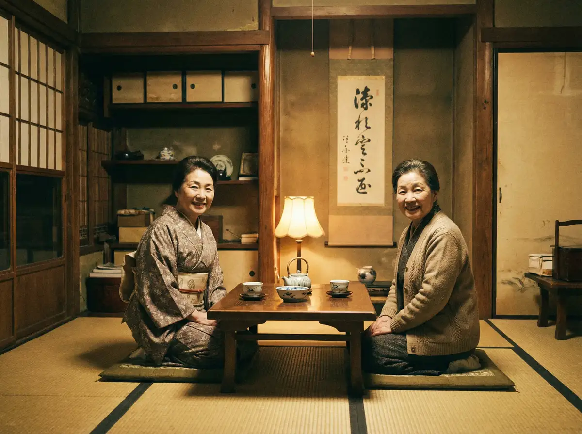 两位优雅的 KB体育平台 在日式茶室中品茶交谈